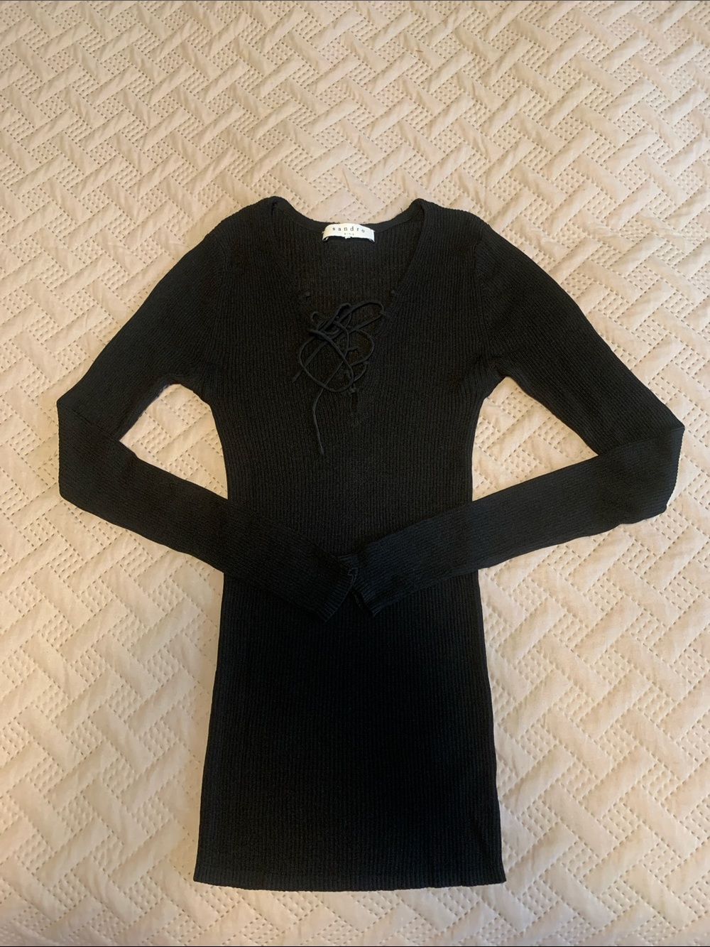 Long Sleeve Black Lace-Up Ribbed top blouse
